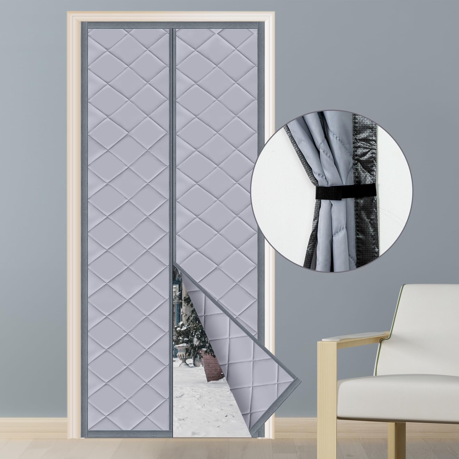 TTZ Magnetic Thermal Insulated Door Curtain,Upgraded Oxford Cloth&Thicken Polyester Fiber Fill,Fits Door Sizes 38" x 82",Temporary Door Insulation Cover,Soundproof Coldproof Door Blanket(Grey)