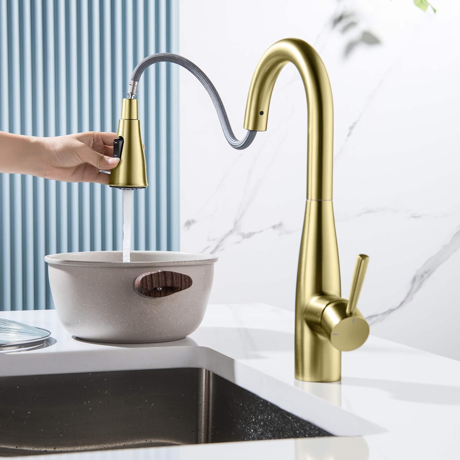 KIBI Bari Single Handle Pull Down Kitchen and Bar Sink Faucet | Solid Brass High Arc Spout, 360 Degree Swivel, Pull Down Sprayer with Dual Function | Durable Brushed Gold Finish (KKF2015)
