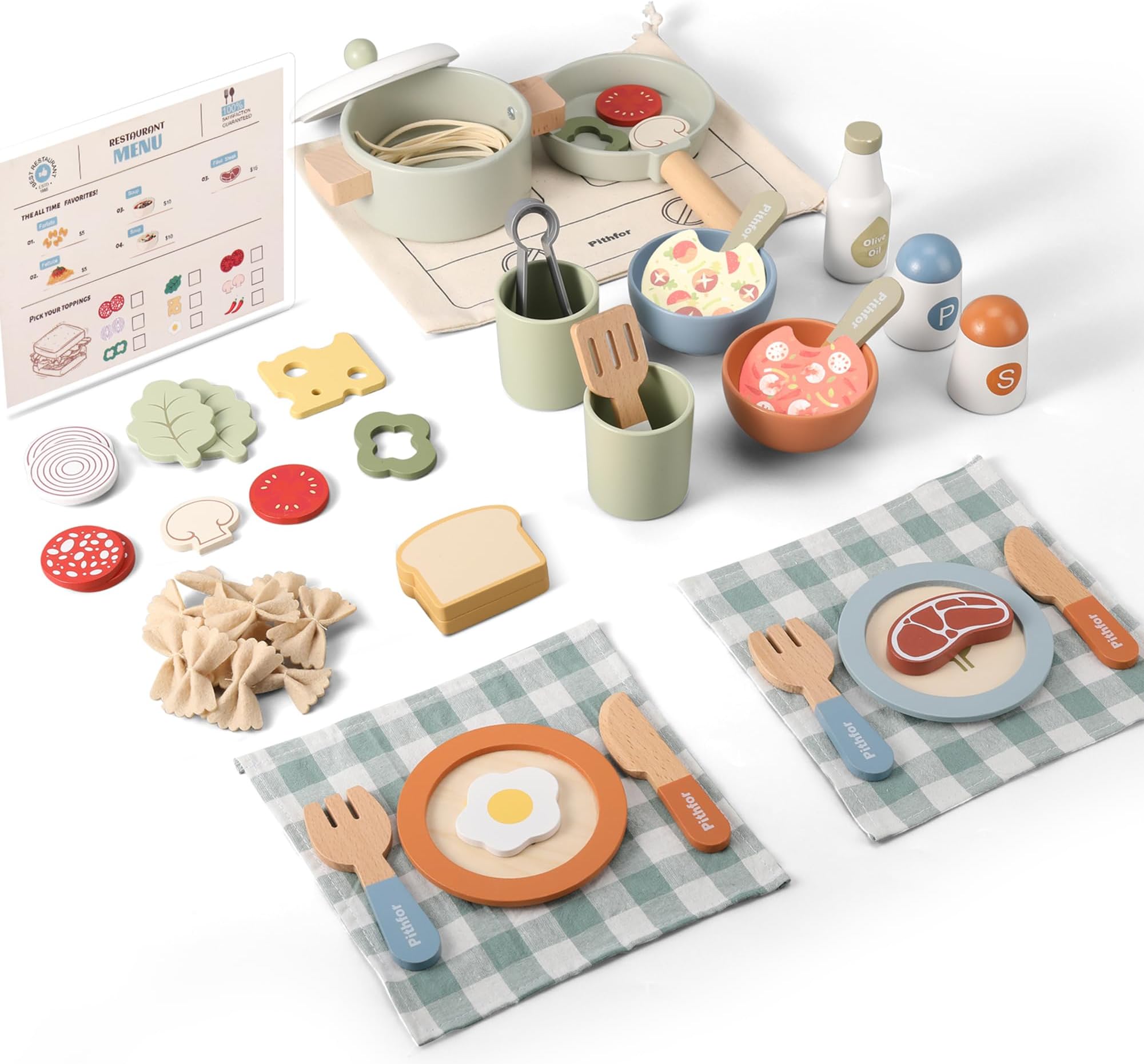 Wooden Pretend Play Kitchen Accessories Toys Set for Kids, Toddlers, Including Play Dishes, Pot, Pan, Utensils, Bread, Pasta; Ages 3-5; Unisex; Green; Kitchen; Children; Toys