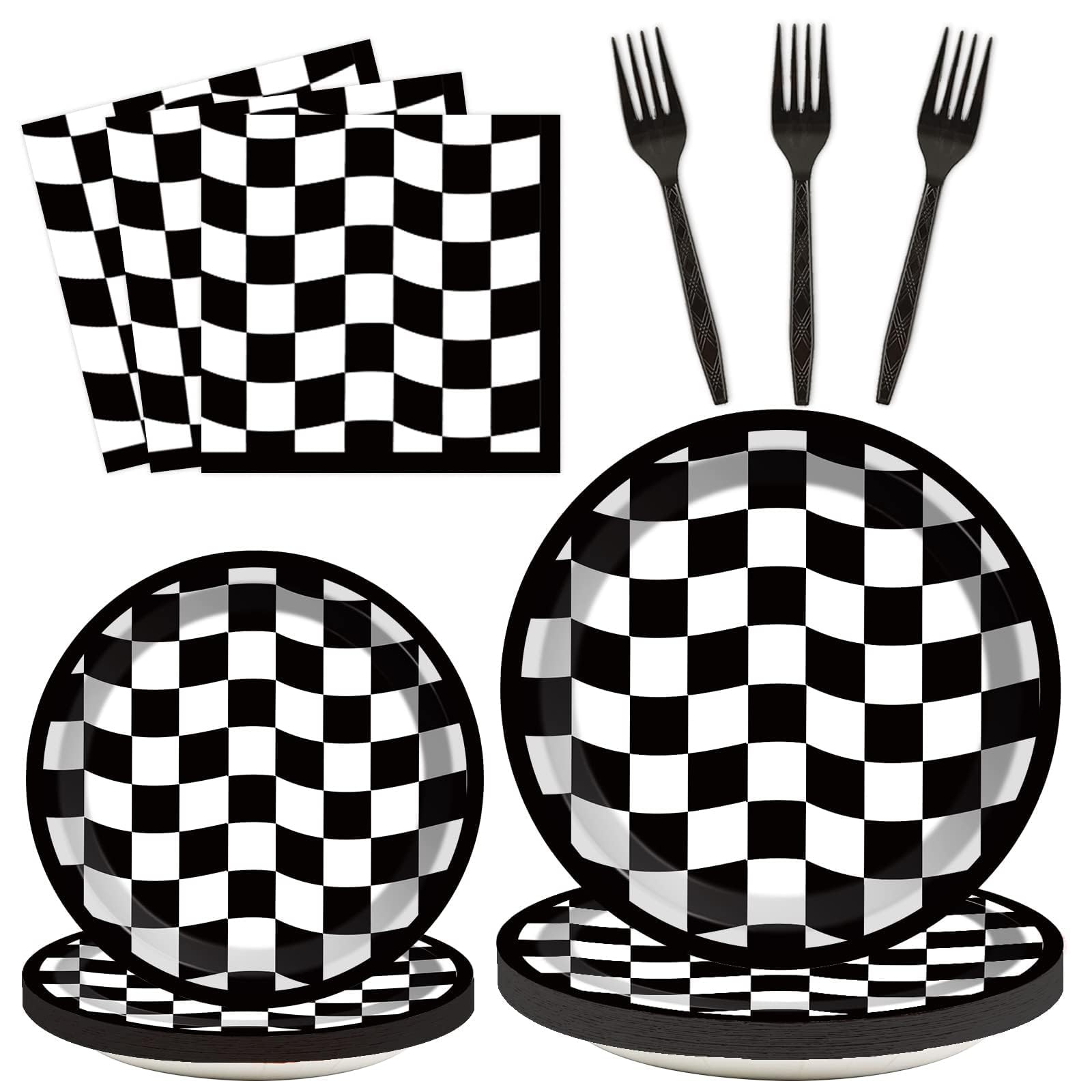 96PCS Race Car Birthday Party Decorations Black and White Checkered Plates Sports Themed Table Supplies Decorations Racing Dessert Plates Napkins Forks for 24 Guests Racing Car Birthday Party Favors