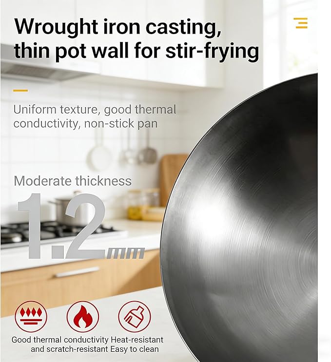 Wok Antiadherente de Acero al Carbono con Mango de Madera, 15.0in miniatura 5