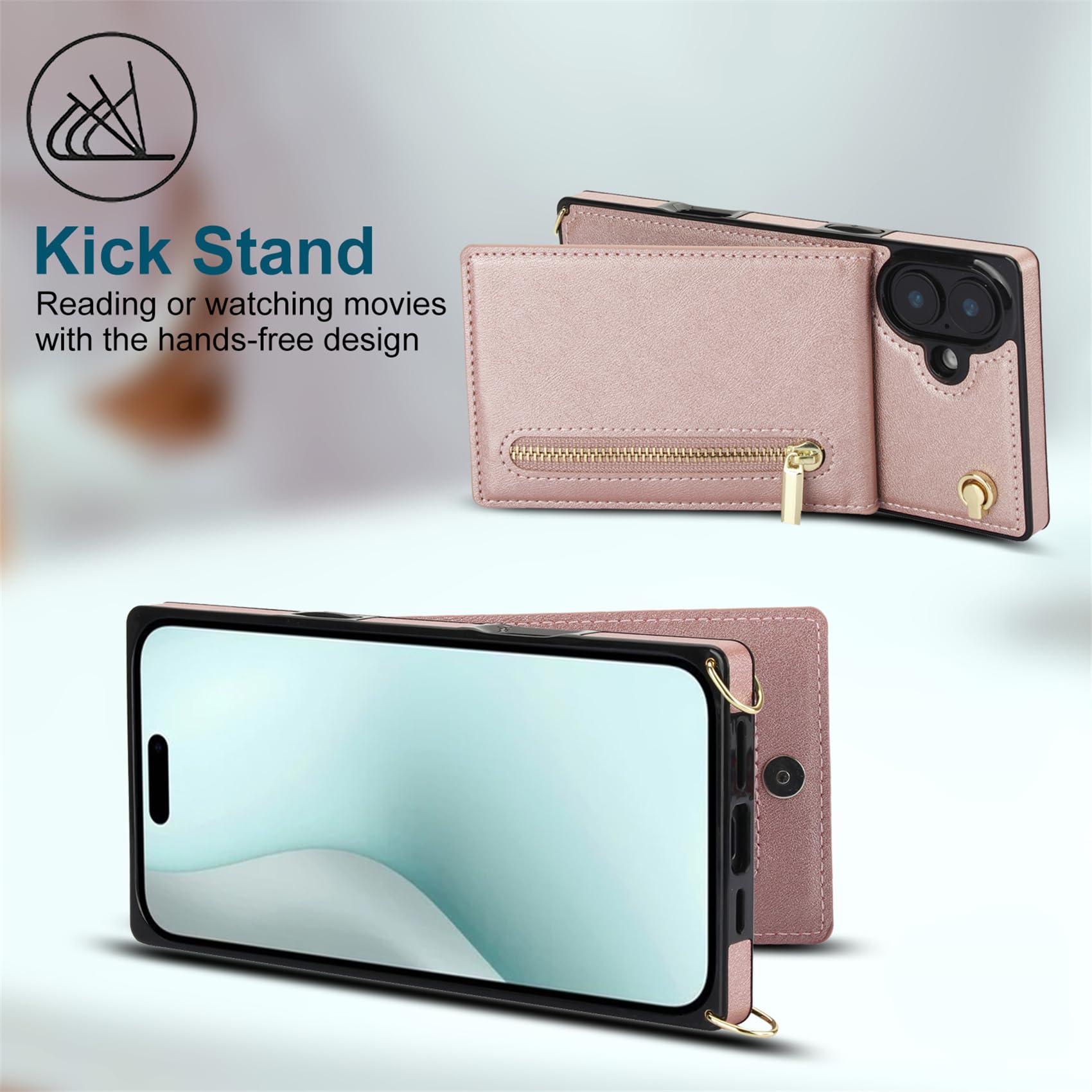 Leder Flipcase Für IPhone 16 Mit Kartenfächern & Magnet – Handyhülle Als Geldbörse, Mit Standfunktion (Roségold)