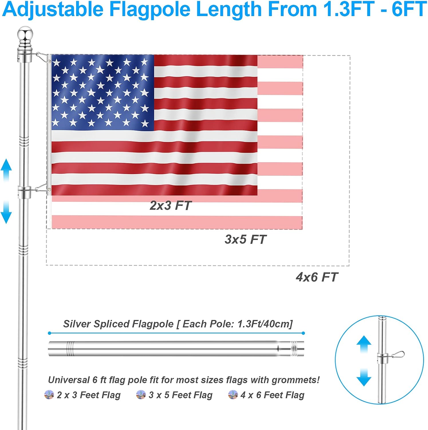 6 FT Metal Flag Pole Kit for Outside House w/ 2-Position Holder Bracket & 360° Rotating Flagpole Rings, 1" Stainless Steel Spinning Outdoor Porch Wall Mounted Flag Poles for 3x5 4x6 Flag(6 FT, Silver) - Image 3