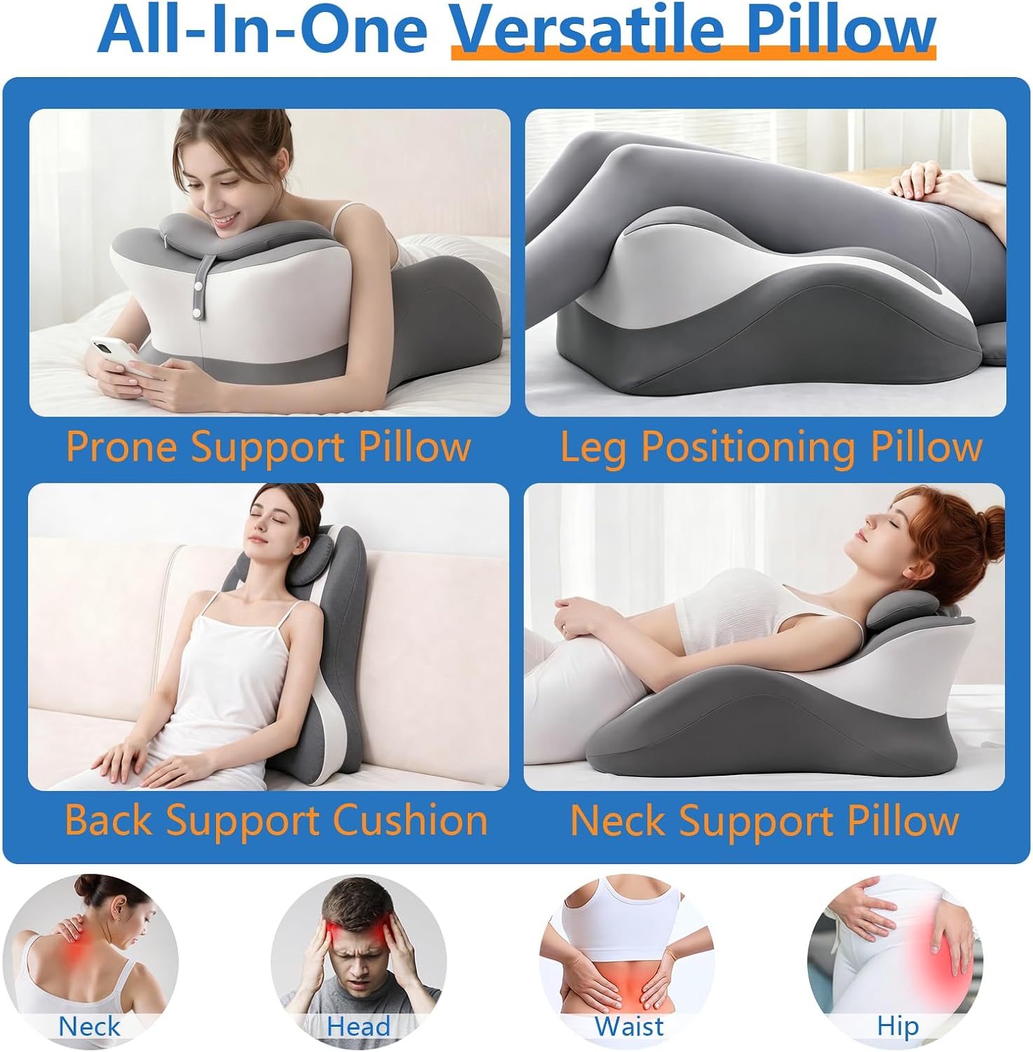Memory Foam Wedge Pillow, Ergonomic Contoured Intimacy Couples Pillow, 27° Angled Neck Support Pillow Back Support Cushion, Multi-Functional Bed Position Pillow with Removable Cover Double Grey