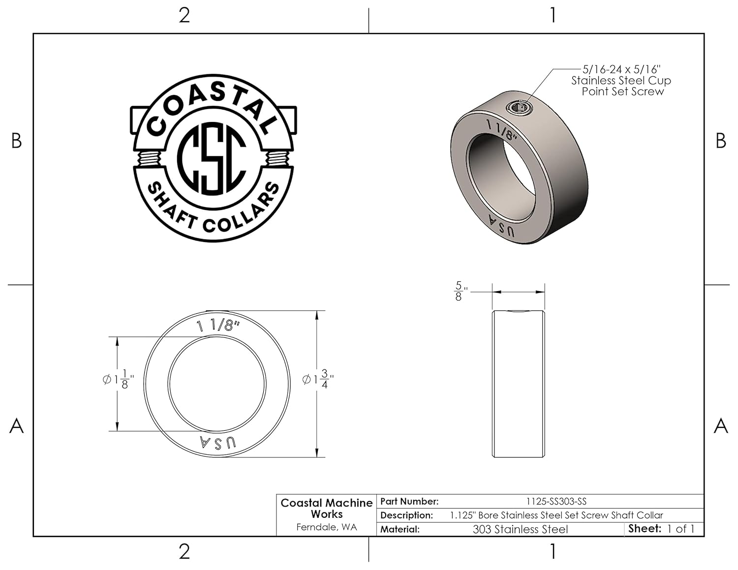 1.125" Bore Diameter - Set Screw Shaft Collar - 303 Stainless Steel (2 Pack)