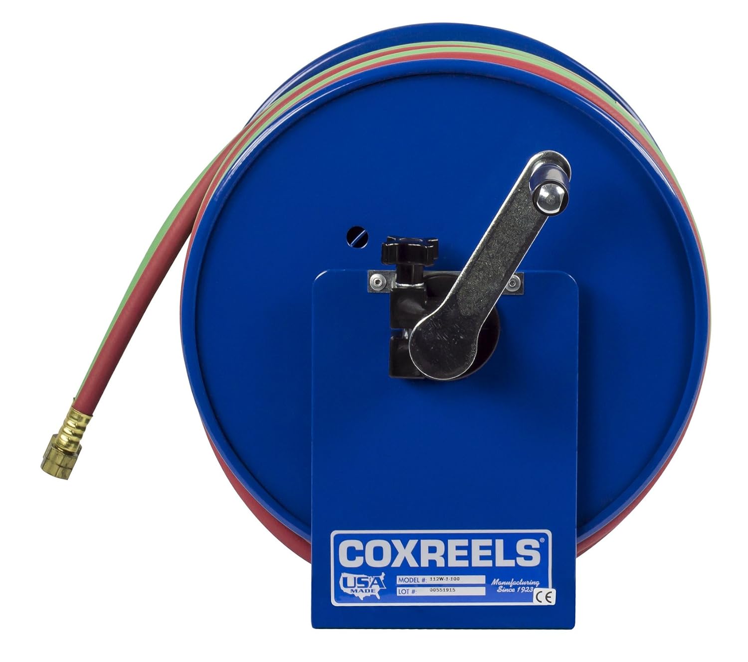 Coxreels 112WT-1-50 Welding Hand Crank Hose Reel: 1/4" I.D., 50' twin "T" Grade welding hose, 200 PSI