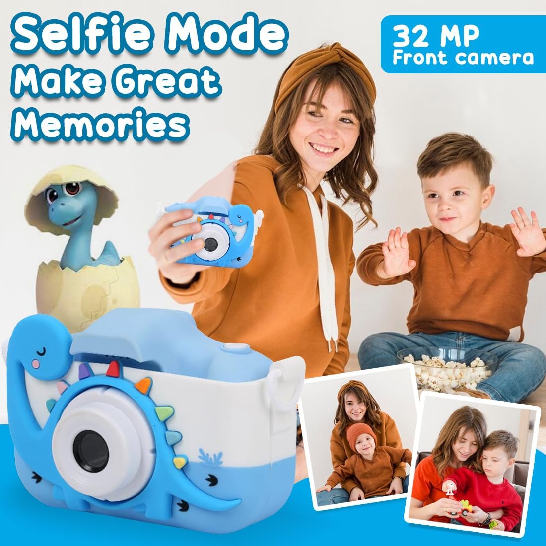 Wembley Kids Camera for Boys & Girls 3–8 Years | Digital Camera for Kids 1080P Selfie Video | Toddler Camera Rechargeable with Games | 32GB Card | Silicone Cover | Dinosaur Birthday Gift - Blue