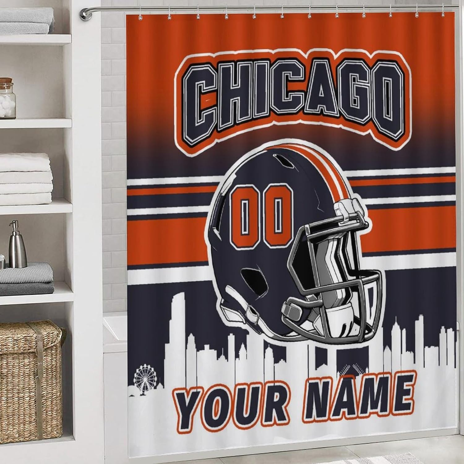 Custom 4PCS Chicago Shower Curtain Set for Bathroom Personalized Name and Number Shower Curtain Bath Mat Toilet Mats for Women Men Teenager Boys 72 Inch X 72 Inch