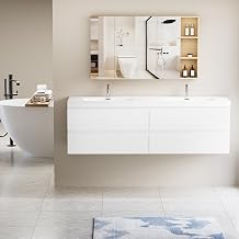 Yozma Floating Vanity with Sink Combo, Modern Wall-Mounted Striped Cabinet, Soft-Close Drawer, Double Glossy White Solid Surface Basins, Natural Oak Finish White Glossy, 72" Integrated Double Sink