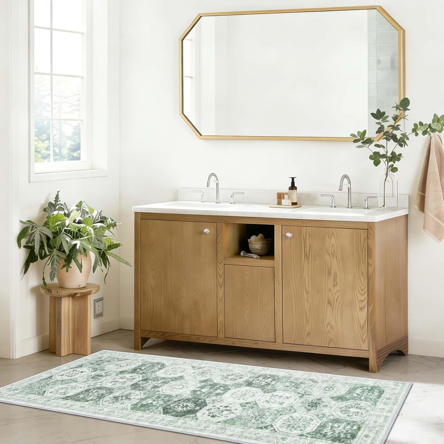 Yinhua Green Bathroom Runner Rug, 18x47 Inch Boho Long Bathroom Rug Runner, Vintage Absorbent Non Slip Bath Mat Soft Shaggy, Distressed Quick Dry Bath Rugs for Sink Shower Bathtub