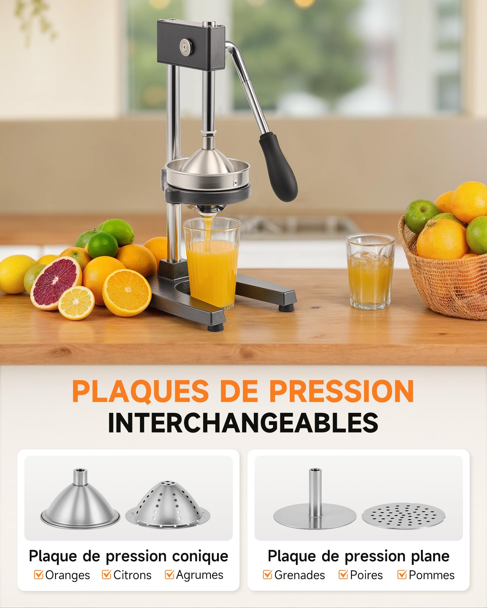CO-Z Presse Agrumes Manuel Professionnel Silencieux en Acier Inoxydable de Qualité Alimentaire Broyeur Jus Presse Orange Lime Citron Pommes Fruit, Gris