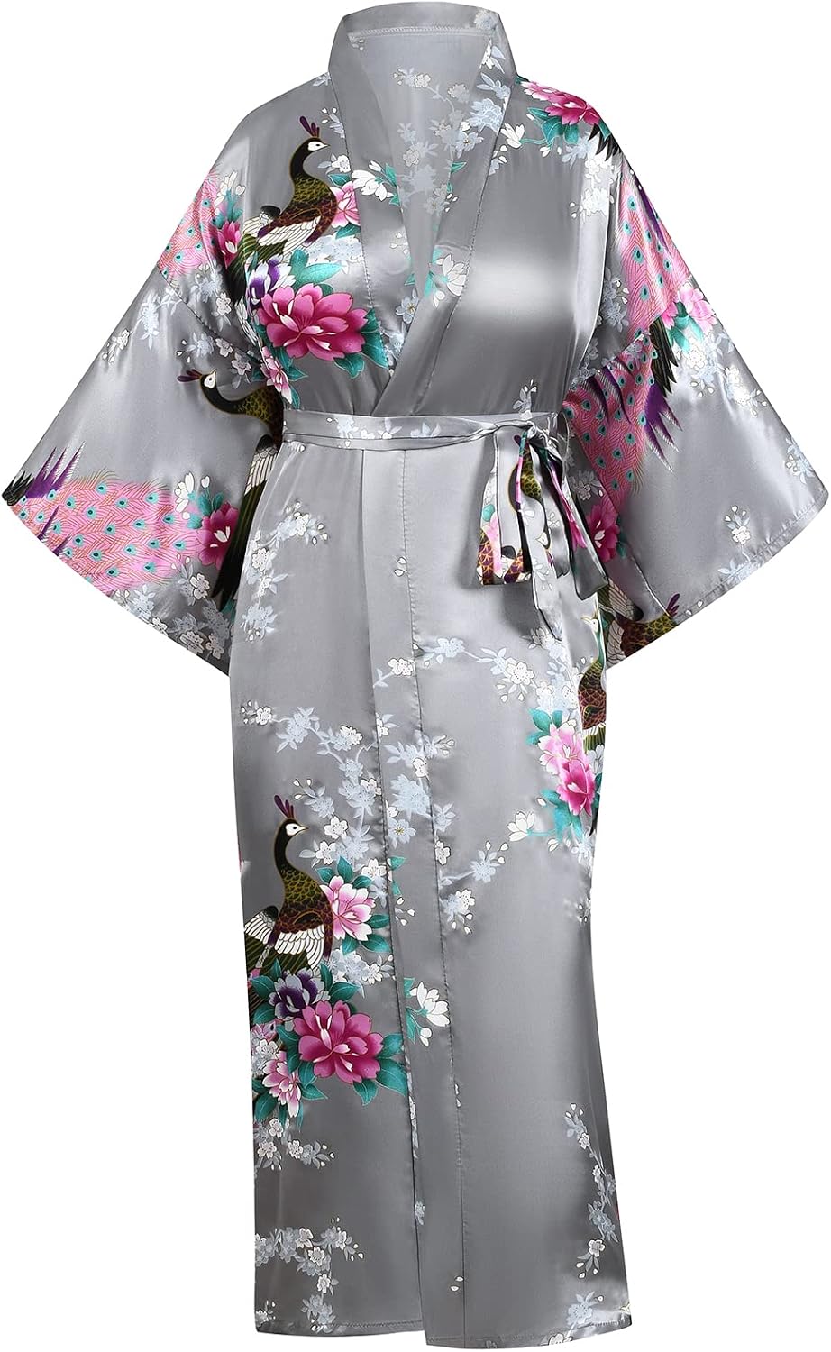 Heone Kimono Satin Peacock Printed Lightweight Cardigan Jacket Coat Yukata Cloak Bathrobe Tops folding Fans Tabi Socks Set image 2