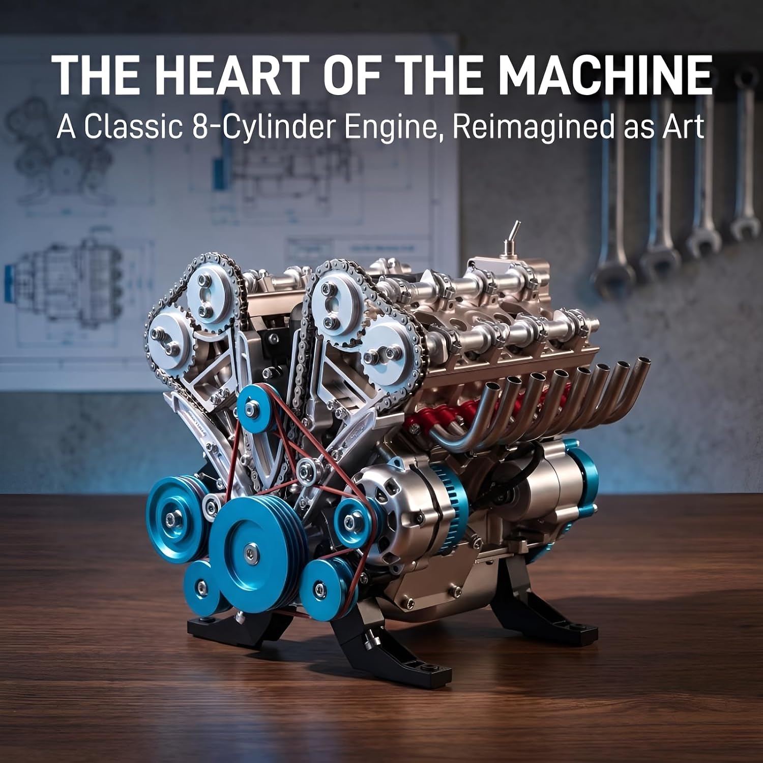 8-Cylinder Car Engine Model Resin Desktop Ornament B(Silver) | Classic Engine Layout, Mechanical Structure Study, Shelf and Tabletop Display,3.94x 3.54 x 4.72 In