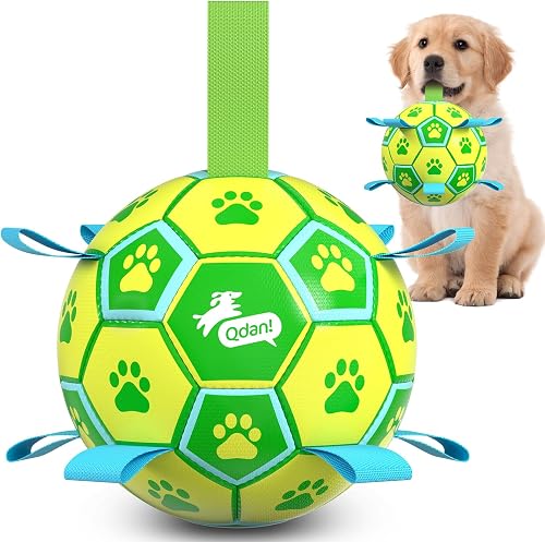 QDAN Dog Toys Soccer Ball, Interactive Dog Toys for Tug of War, Dog Tug Toy, Dog Water Toy, Durable Dog Balls for Small & Medium Dogs-Green&Yellow(6 inch)