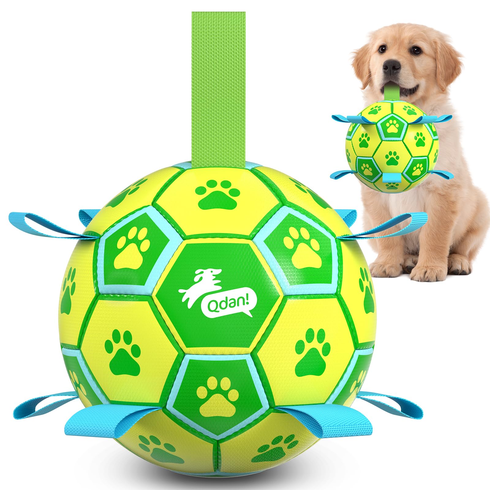 QDAN Dog Toys Soccer Ball, Durable Dog Balls with Strap for 20-40 lbs Dogs