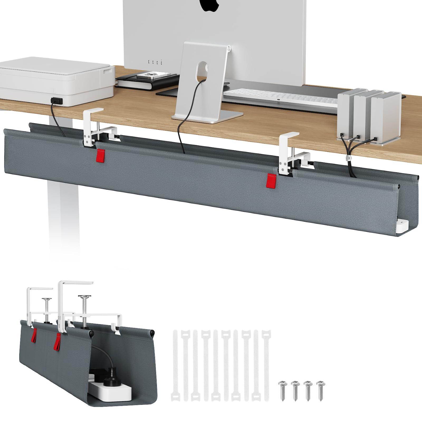 Univivi Kabelkanal Schreibtisch Grau, 120cm Ohne Bohren Kabelmanagement Schreibtisch Fexibel Oganizer, Klemmen/Schraubmontage, Stabiles Wasserfestes Kabeltray für Büro und Zuhause