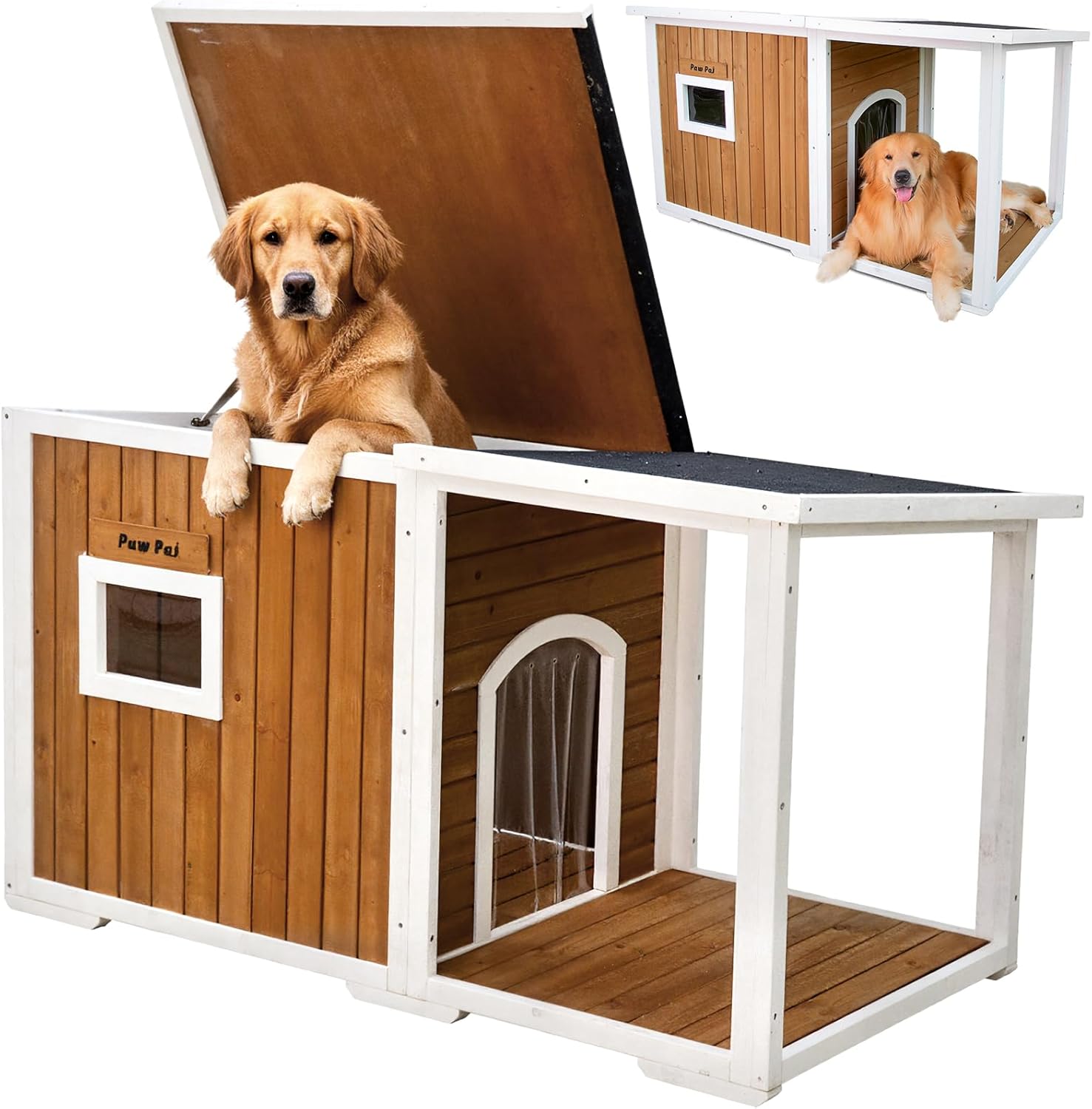 Dog House Outdoor, 59” Insulated Dog House, Weatherproof Outdoor Dog House Insulated with Elevated Floor and Openable Roof, Wooden Dog Houses Large