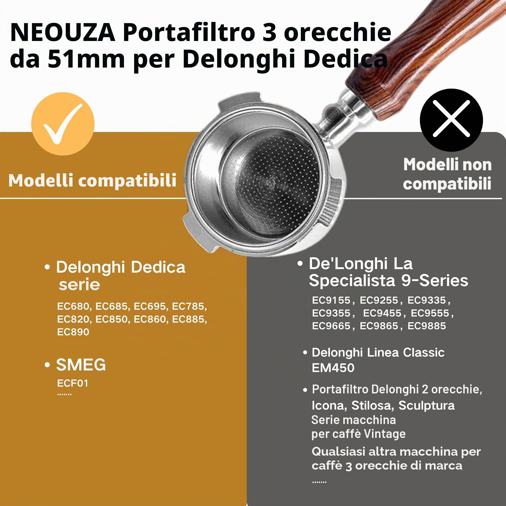 NEOUZA Portafiltro per espresso da 51 mm, compatibile con macchina da caffè DeLonghi Dedica EC680 EC685 ECF01, cestello non pressurizzato, doppio beccuccio (3 orecchie)