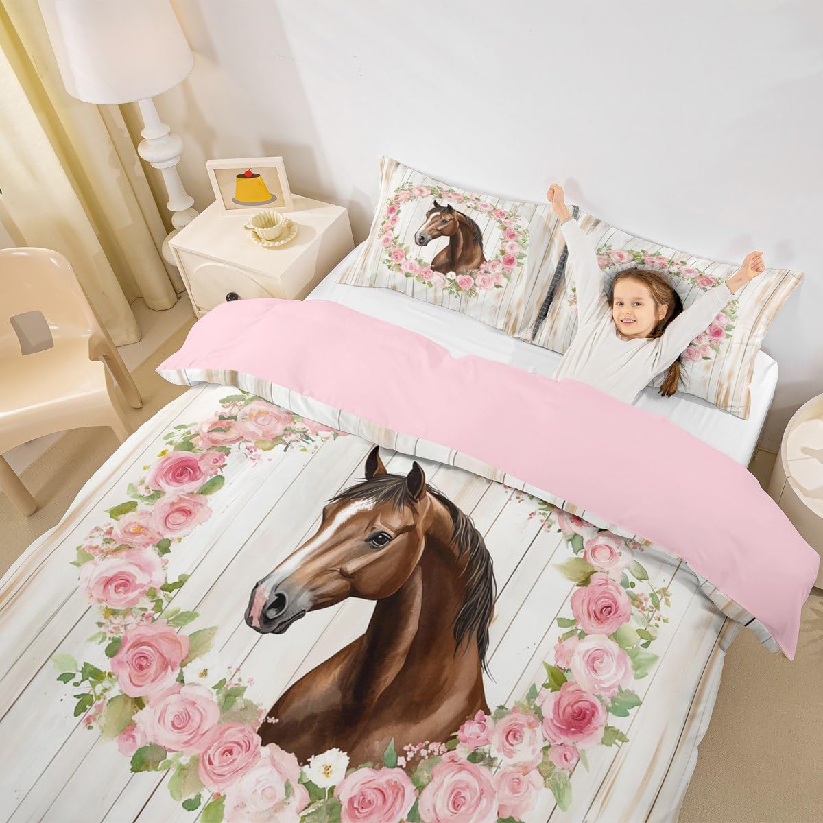 Erosebridal Rustic Horse Twin Duvet Cover Set for Kids Girls, Vintage Retro Flower Wreath Aesthetic Bedding Set Pink Room Decor, Western Farmhouse Wooden Barn Farm Animals Country Comforter Cover image 3