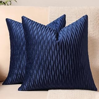 DEZENE Navy Vertical Ripple Striped Couch Pillow Cases: Pack of 2 18x18 Inch Velvet Square Throw Pillow Covers for Couch Sofa Bed Living Room Home Decor