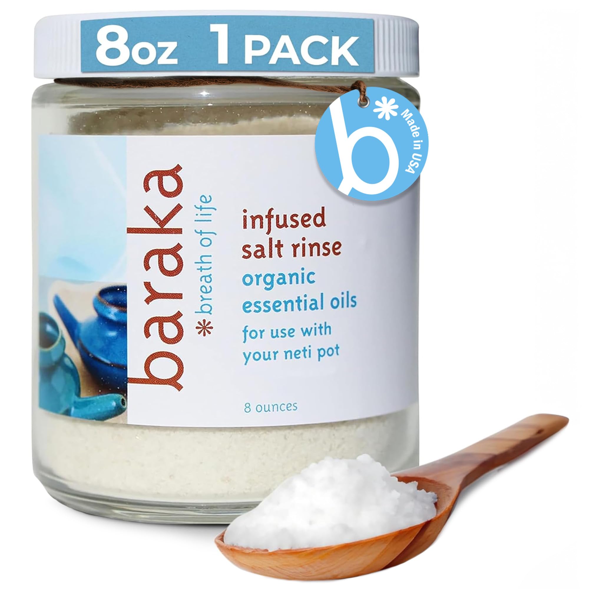 Baraka Infused Sea Salt - Neti Pot Salt for Sinus Rinse & Nose Cleaner, Essential Oil Infused Neti Salt, Nasal Salt w/Virginia Cedarwood, Palmarosa, Green Myrtle, Fir Balsam & Rosemary, 8 oz (1 Pack)