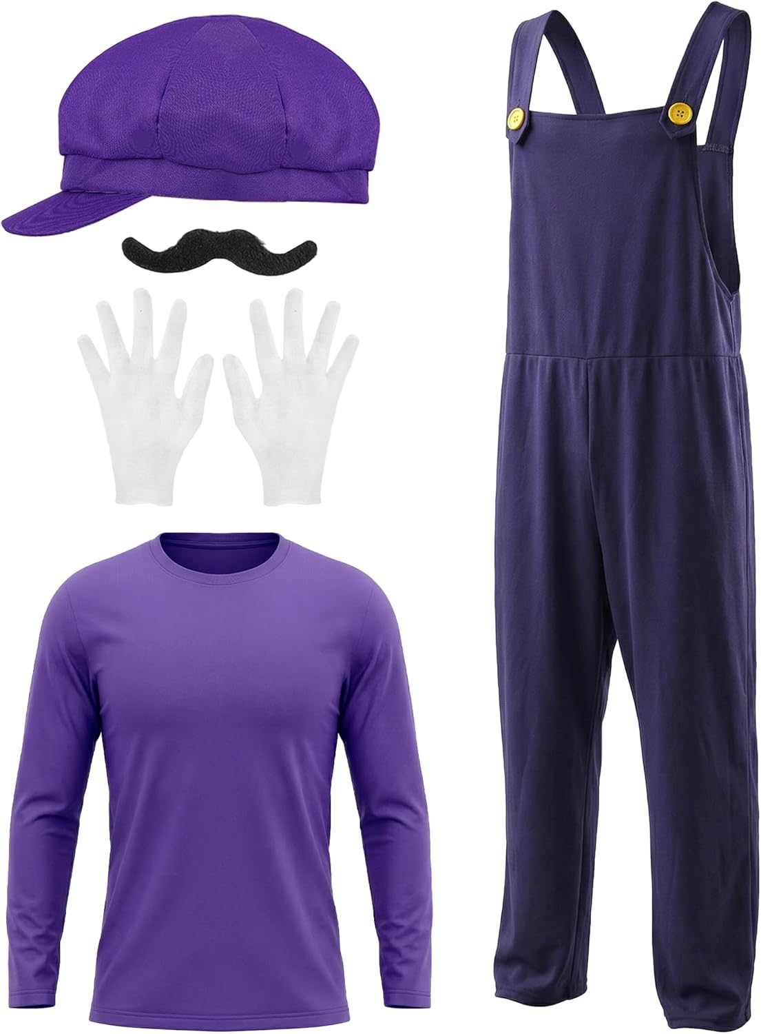 Halloween Costume Overall Purple Shirt with Hat Mustache Gloves Button for Halloween Party Cosplay