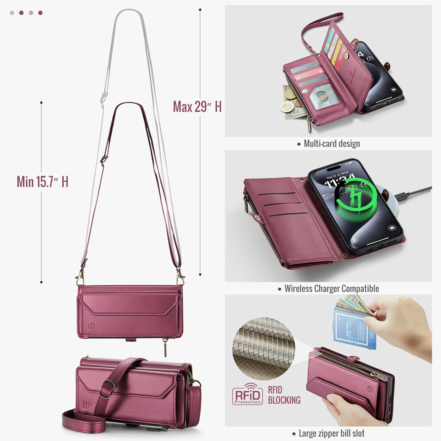 Strapurs Wallet Case Compatible with iPhone 15 Pro Max RFID Blocking 10-Card Holder Soft PU Leather Magnetic Snap Shoulder Strap Zipper Pocket Phone Case Fit for iPhone 15 Pro Max 6.7" - Wine Red