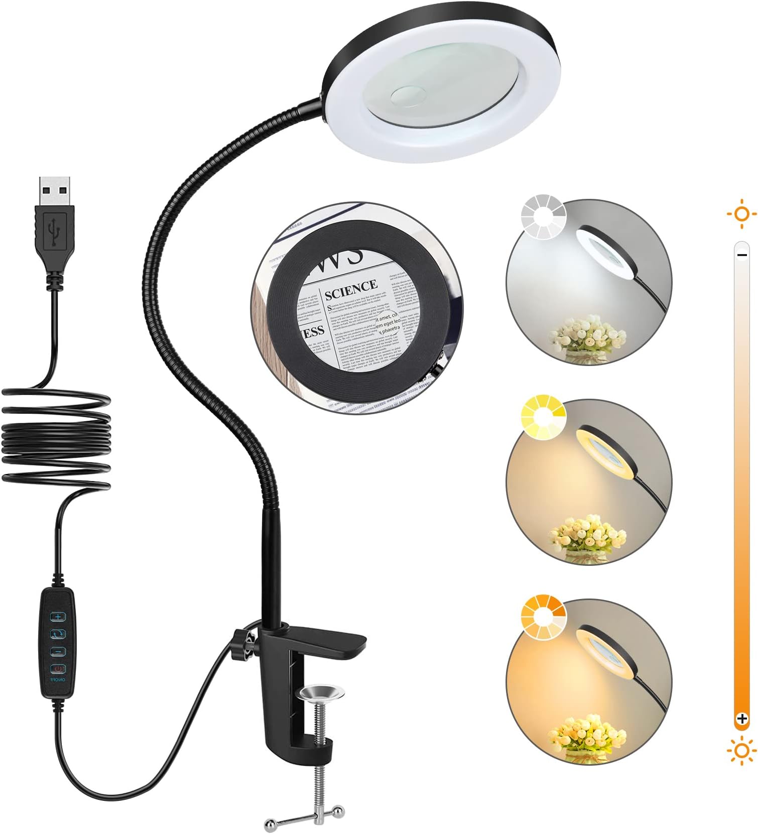 LED Desk Lamp, Eocean 14W Desk Light with 8X 5X Magnifying Glass, 3 Color Modes 11 Brightness Levels Eye-caring Hands Free Clamp Light, LED Magnifier Lamp for Reading Repair Close Works