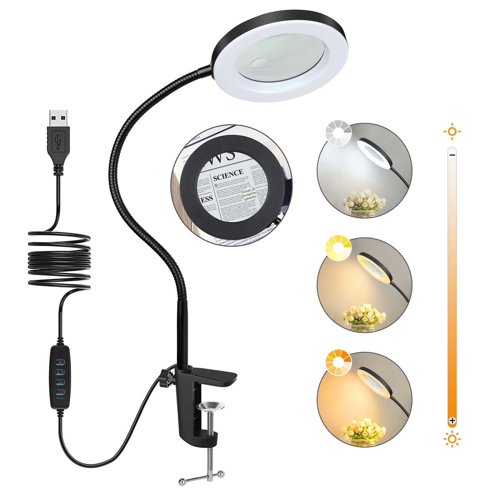 LED Desk Lamp, Eocean 14W Desk Light with 8X 5X Magnifying Glass, 3 Color Modes 11 Brightness Levels Eye-caring Hands Free Clamp Light, LED Magnifier Lamp for Reading Repair Close Works