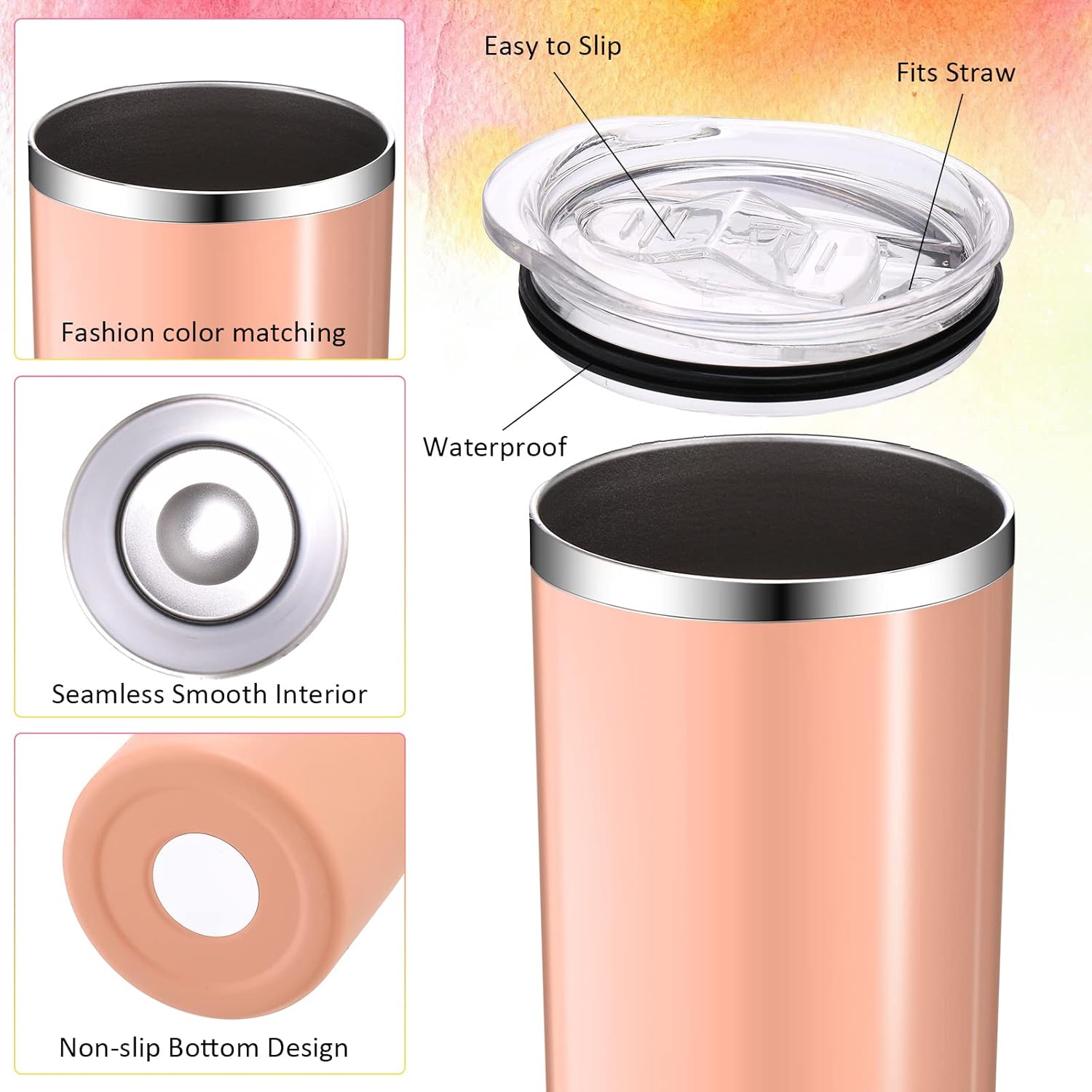 Mimorou 12 Pack Skinny Tumblers with Straws and Lids, 20 oz Stainless Steel Slim Double Wall Tumbler Vacuum Insulated Water Cup Travel Coffee Mug,12 Colors - Image 3