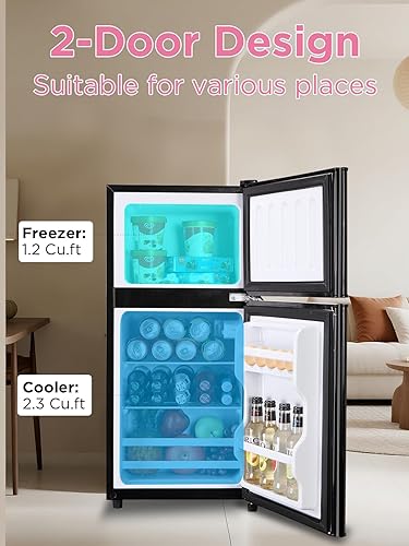 Miniatura 3 de Refrigerador compacto de 3.5 pies cúbicos con congelador, mini refrigerador de 2 puertas, termostato ajustable, para dormitorio, oficina,