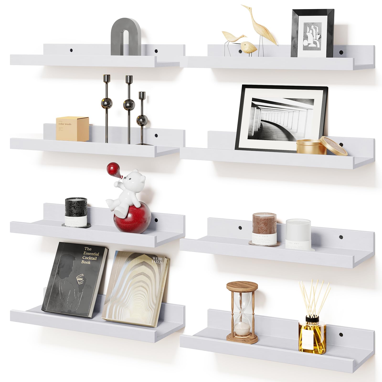 Fixwal White Floating Shelves - Set of 8, Display Shelf for Room Wall, Mounted Picture Ledge with Lip for Bedroom, Bathroom, Nursery, Living Room