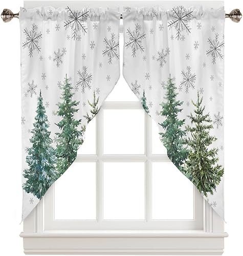 Qumstemily Cortinas verdes con estampado de árbol de Navidad para sala de estardormitorio, diseño de copo de nieve de invierno gris, cenefas de