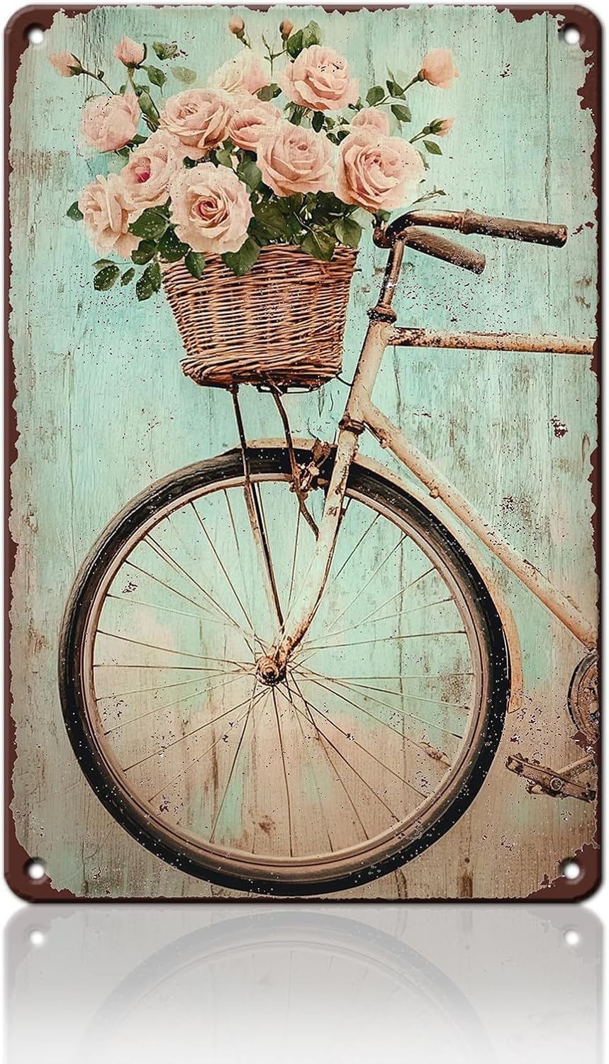 SMAZDFXX Bike Vintage Tin Sign with Flower Red Rose Funny Summer Wall Decor Poster Farmhouse for Home Cafes Office Store Pubs Club Plaque Metal Signs 8"x12"