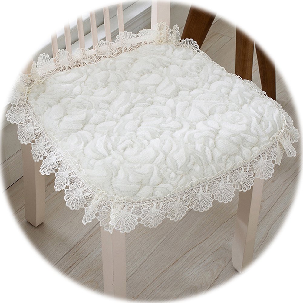 2pcs 17" X 17" Soft Plush Square Chair Cushion Garden Patio Home Lace Floral Dining Seat Pads with Ties (White)