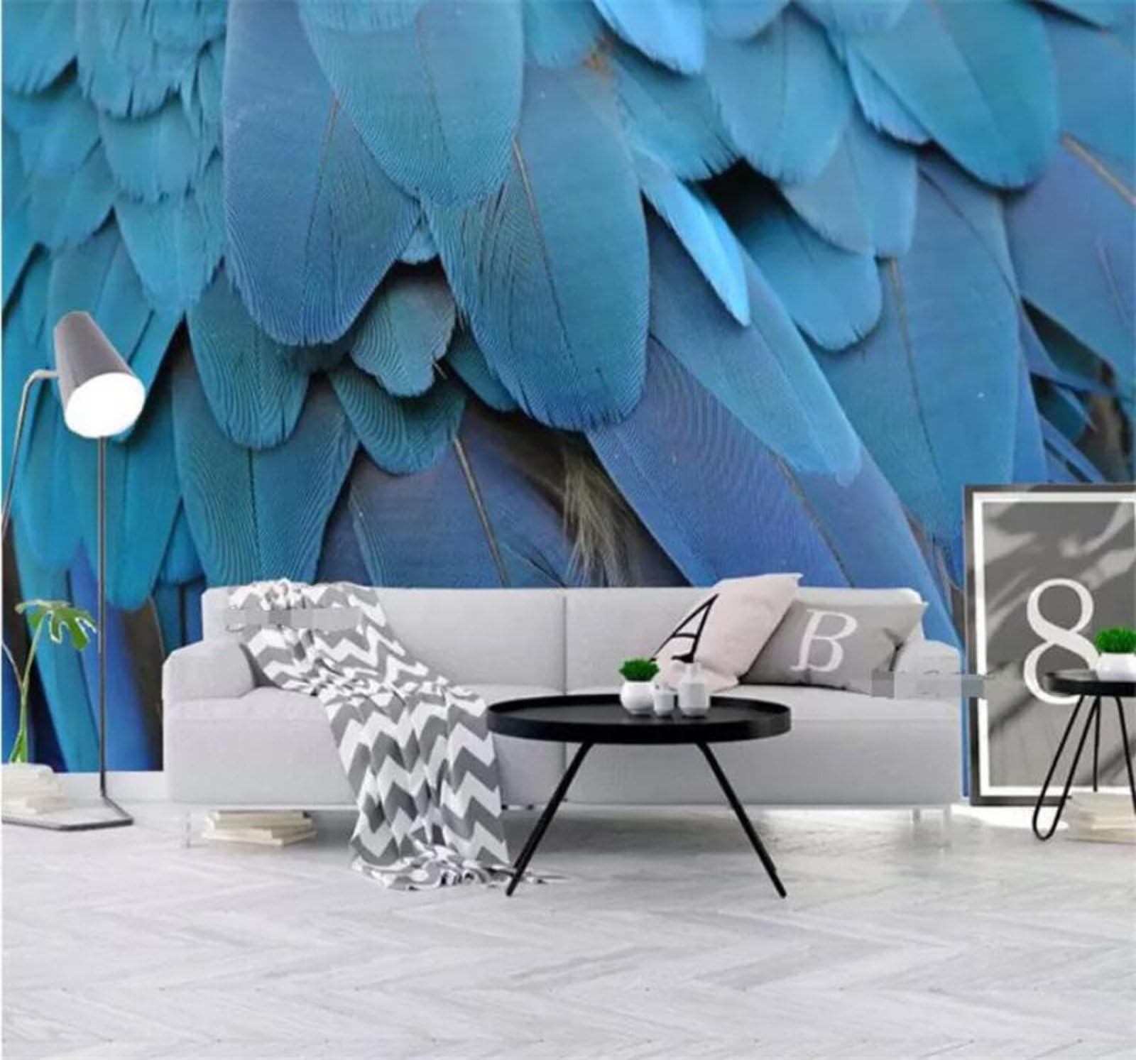 Tzxztt 350Cm×256Cm(B×H) Three Dimensional Minimalism Blue Feathers Decorative Modern 3D Wallpaper Premium Textured Silk Neutral Tones Material Ideal For Living Room Bedroom-350Cm×256Cm