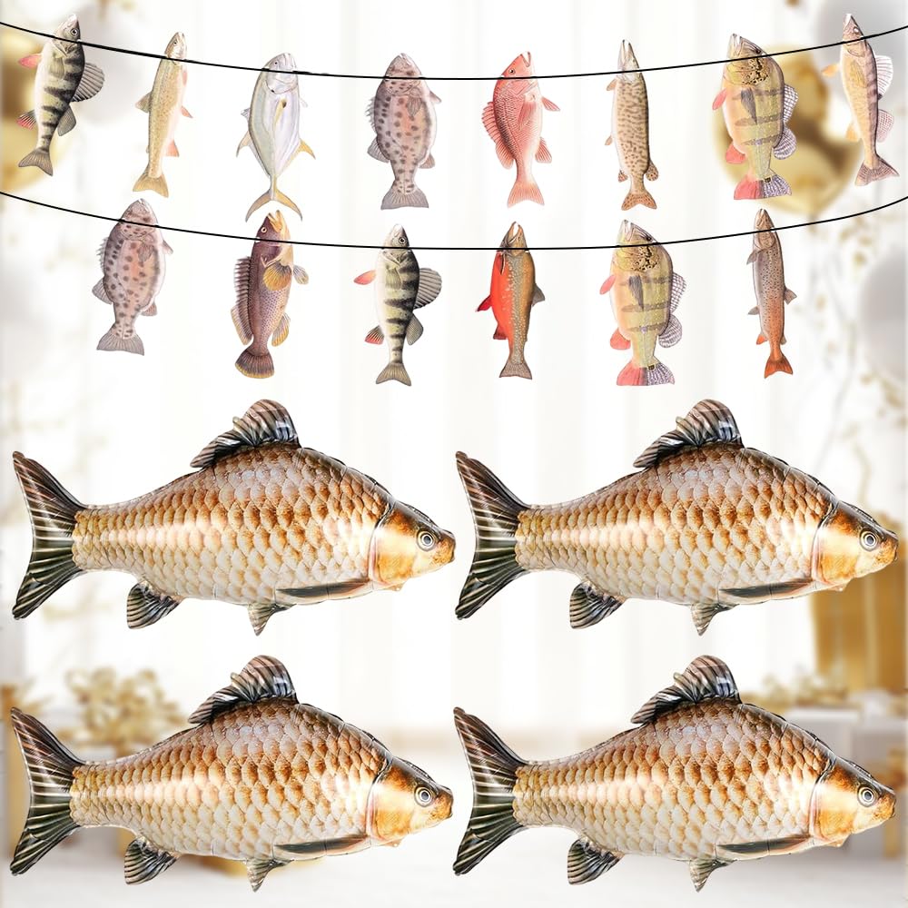 5 Pack Fishing Party Decorations with 4 Foil Fish Balloons & 1 Banner for Mens Birthday Retirement, The Big One Angling Theme Supplies, Realistic Carp Bass Bunting