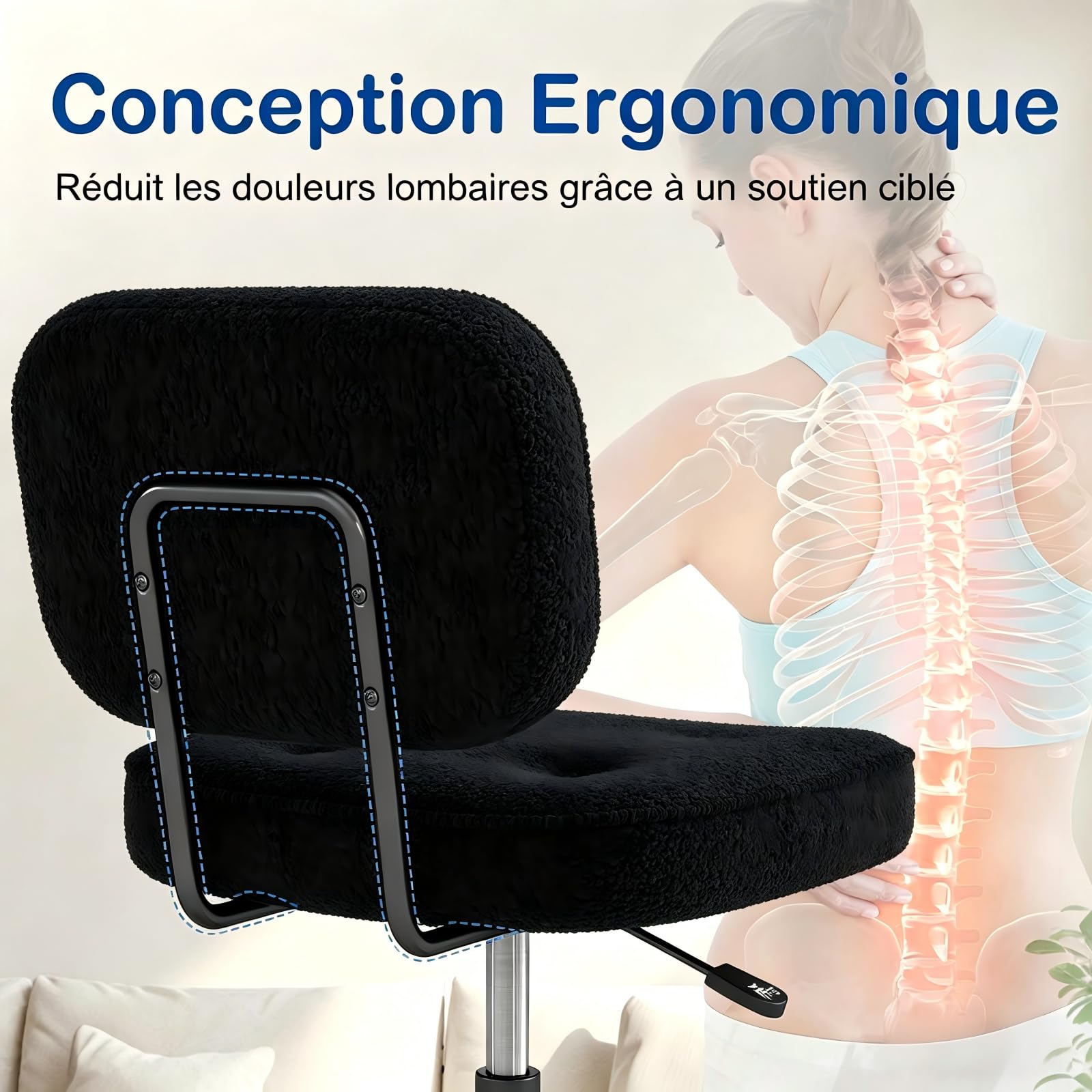 AnyGod Chaise de Bureau sans Accoudoirs en Polaire Teddy, Siège Pivotant Ergonomique Réglable en Hauteur avec roulettes, Petit Fauteuil pour Coiffeuse et Espaces Réduits, Noir
