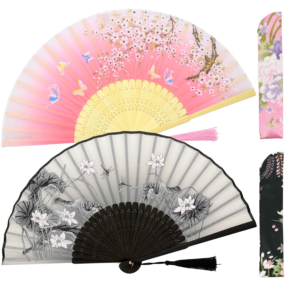 Small Folding Hand Fans for Women-Chinese Japanese 2pcs Vintage Bamboo Silk Fans - for Dance, Music Festival, Wedding, Party, Decorations,Gift. (Grey Dragonfly Lotus & Pink Sakura Butterflies)
