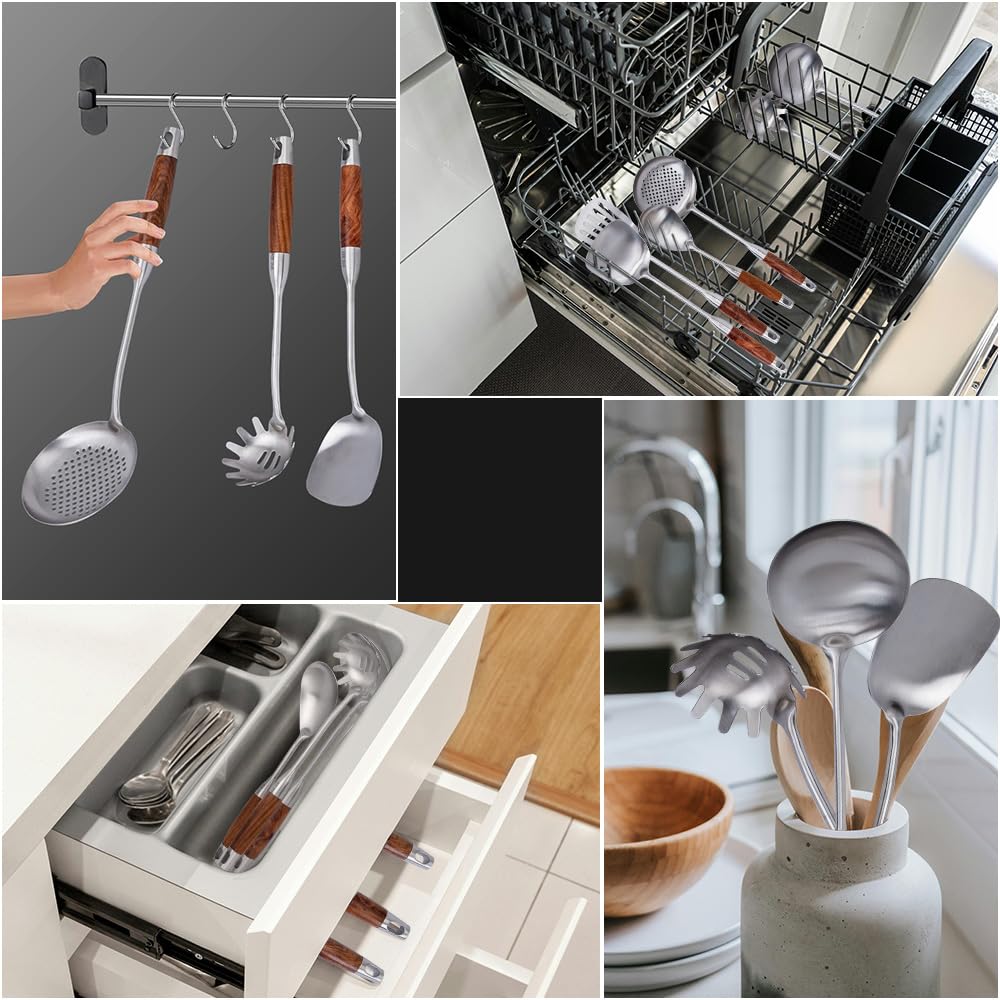VALESKA Juego de utensilios de cocina con mango de madera, juego de 6 utensilios de acero inoxidable, juego de utensilios de cocina de metal, antiadherentes y resistentes al calor