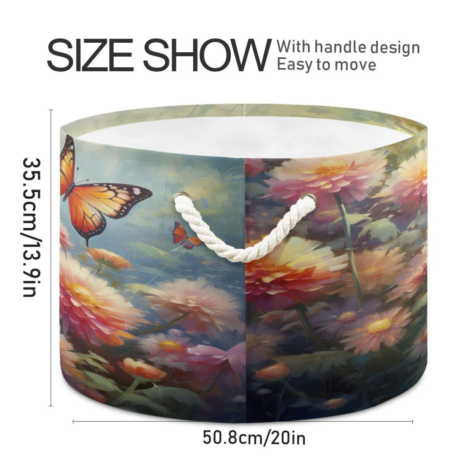 Round Butterfly Chrysanthemums Spring Storage Basket Large Organizer Bin Laundry Hamper Toy Storage Basket with Handle for Nursery Clothes Toys 202b3961