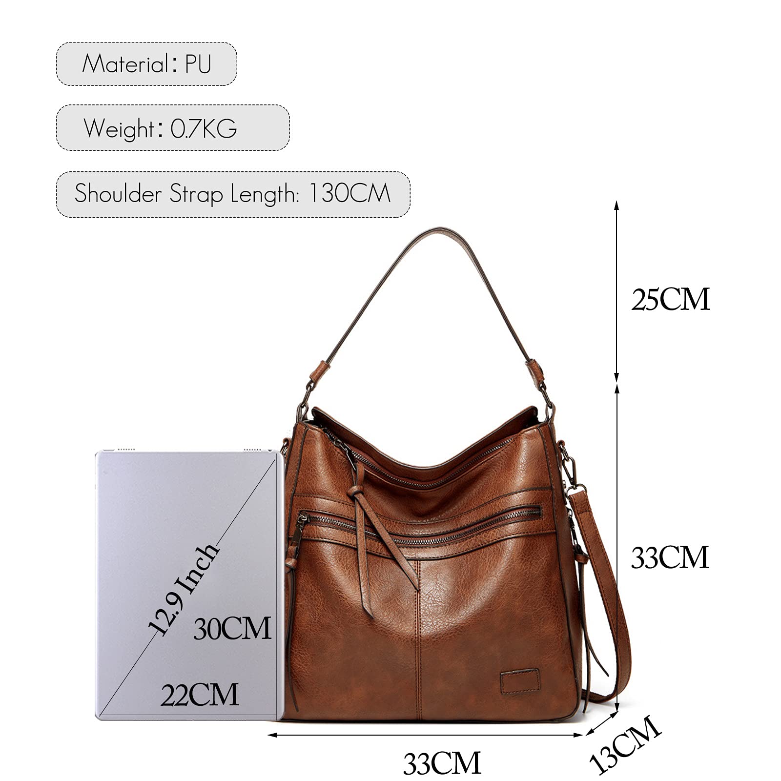 FANDARE Retrò Borsa Donna Spalla Tracolla Borsa a Tote Mano Pelle PU Impermeabile Messenger Rivetto Nappa per 12.9 Pollici PC Portatili Shopping Viaggio Partito Work Crossbody Bag Marrone
