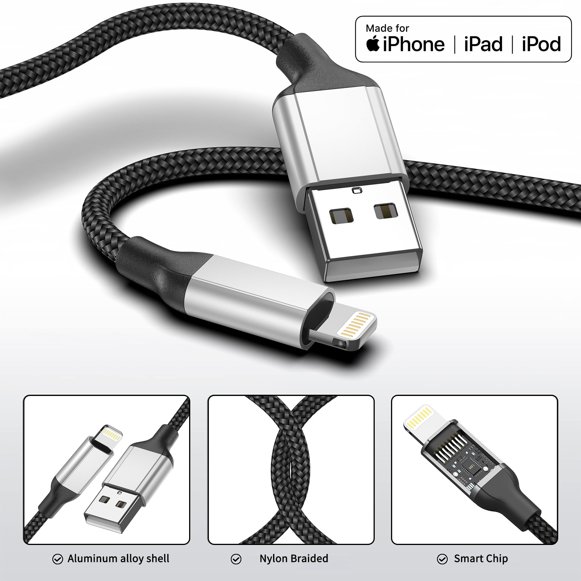Acecene Cavo USB Lightning da 60 cm, confezione da 3 cavi MFi certificati per iPhone, cavo auto CarPlay, cavo di ricarica rapida e dati compatibile con iPhone 14 13 12 11 Pro Max X XR XS 9 8 7 6 Plus