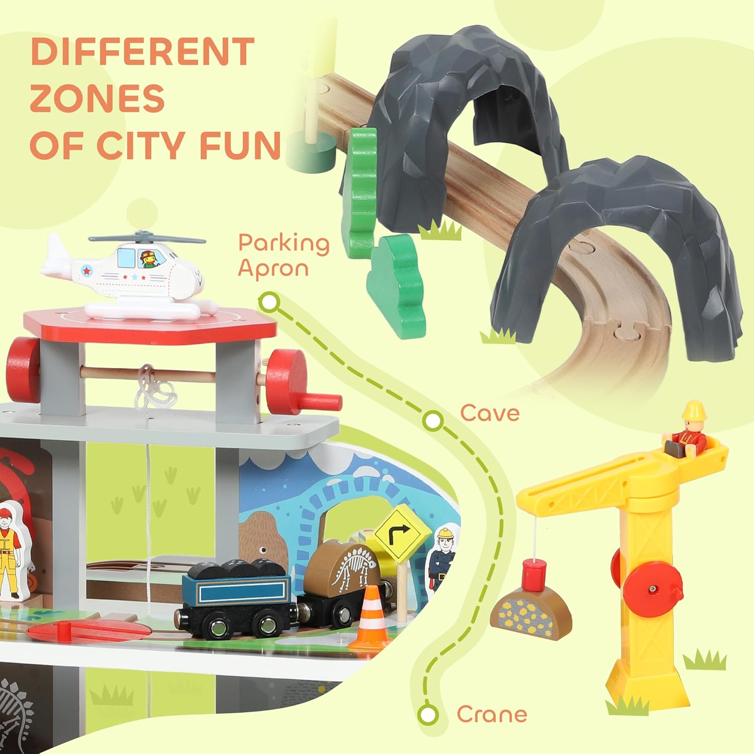 Primu pianu view highlighting different interactive zones of the train set, including the parking apron for the helicopter, a cave tunnel, and the rotating crane.