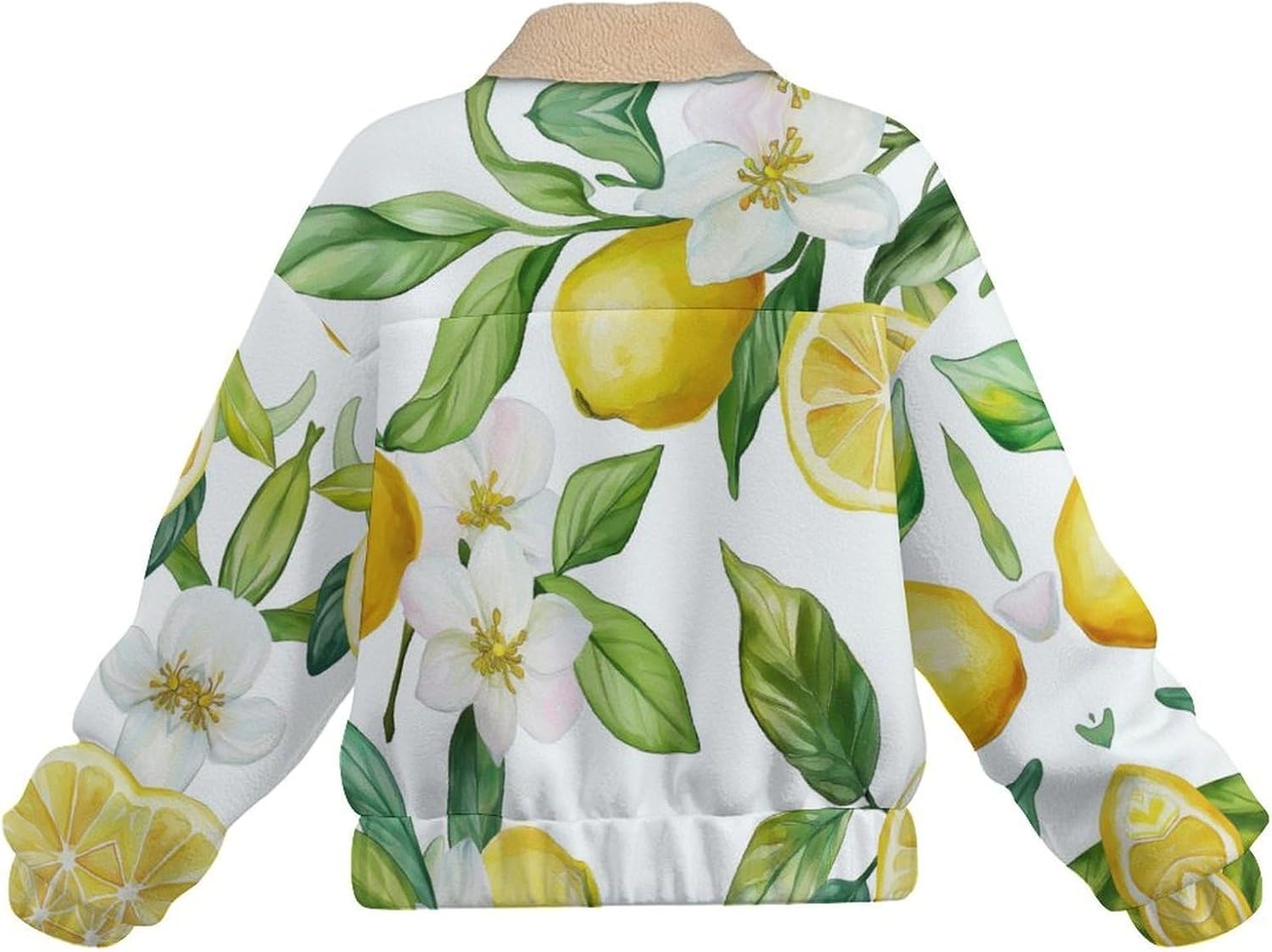Women's Full Zip Soft Polar Fleece Jacket, Lemon fruit Printed Outdoor Coat, Long Sleeve Comfortable Outerwear