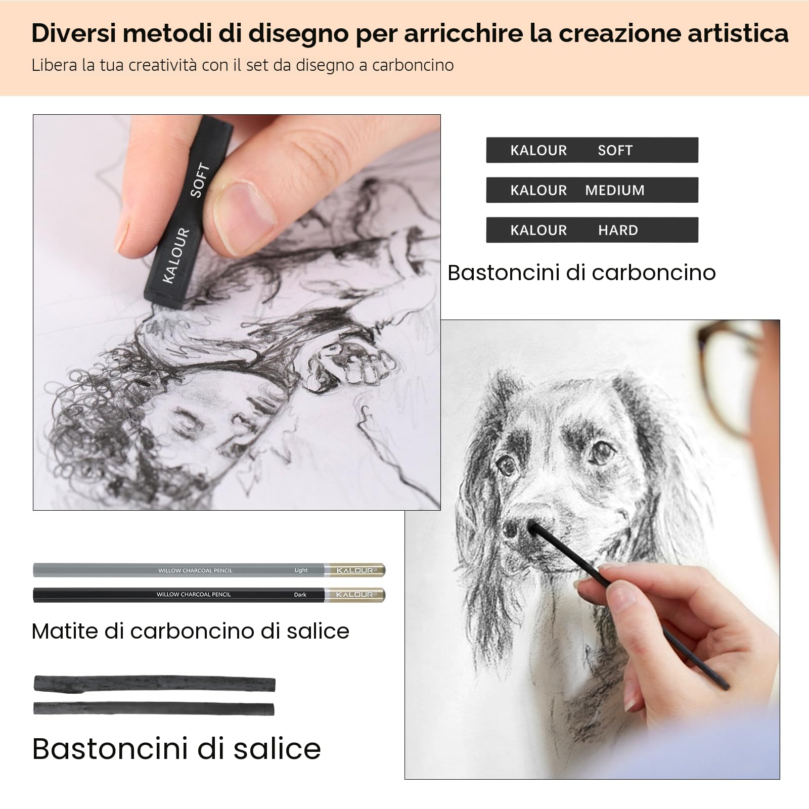 KALOUR PDAS Set di Disegno a Carboncino da 22, Forniture Artistiche Professionali, Matite a Carboncino Nero e Bianco per Disegno, Schizzo, Ombreggiatura, Sfocatura, per Principianti e Artisti