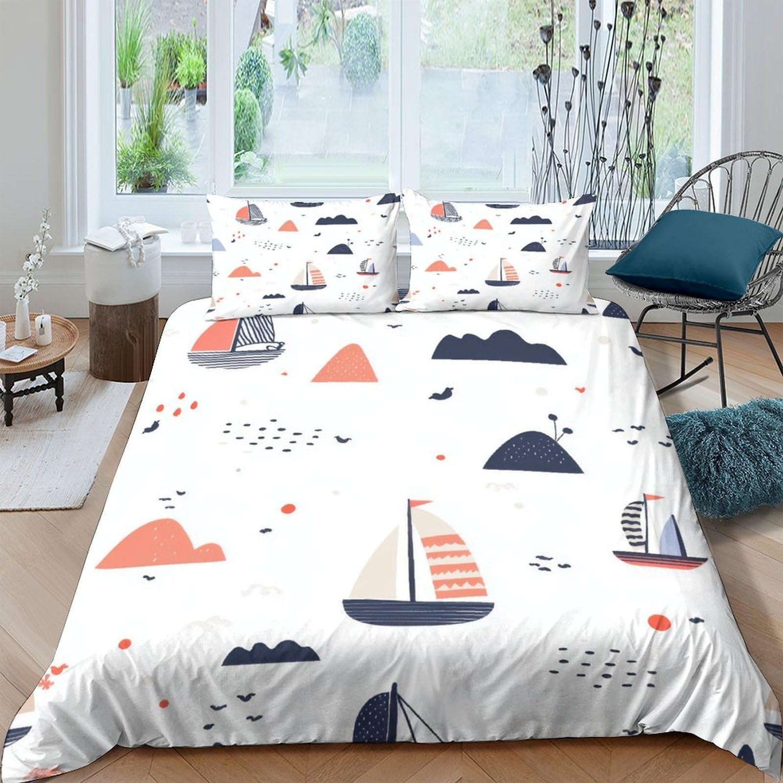 Ctjqhvkz Style-2 3D Printed Sailboat Ocean Fitted Sheet Microfiber Soft Breathable Nautical Mattress Cover For Bedroom Guest Room Decor Single（135X200cm）
