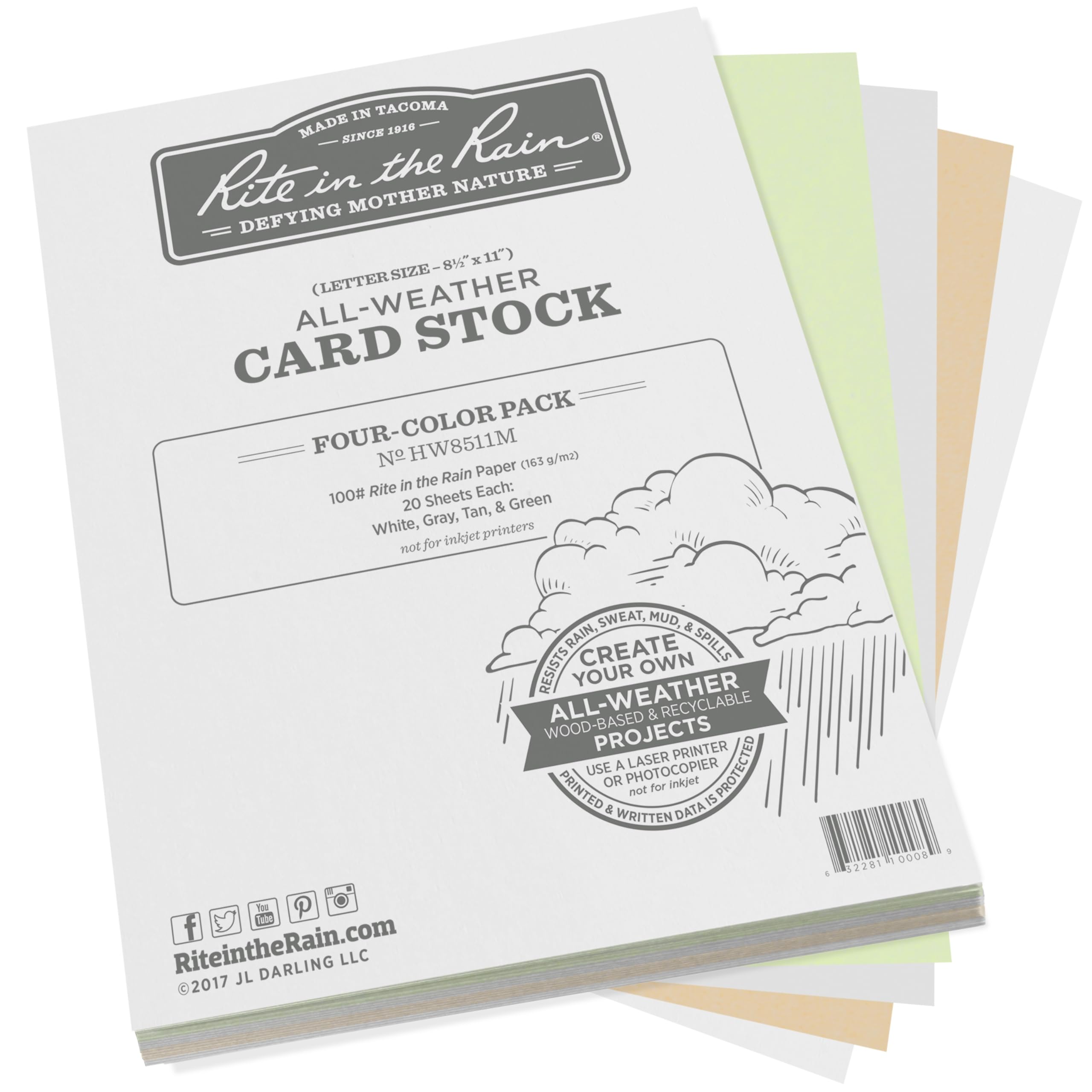 Rite in the Rain Weatherproof Card Stock, 8.5" x 11", 100#, 20 Sheets of White, Green, Tan, and Gray, 80 Sheet Pack (No. HW8511M)