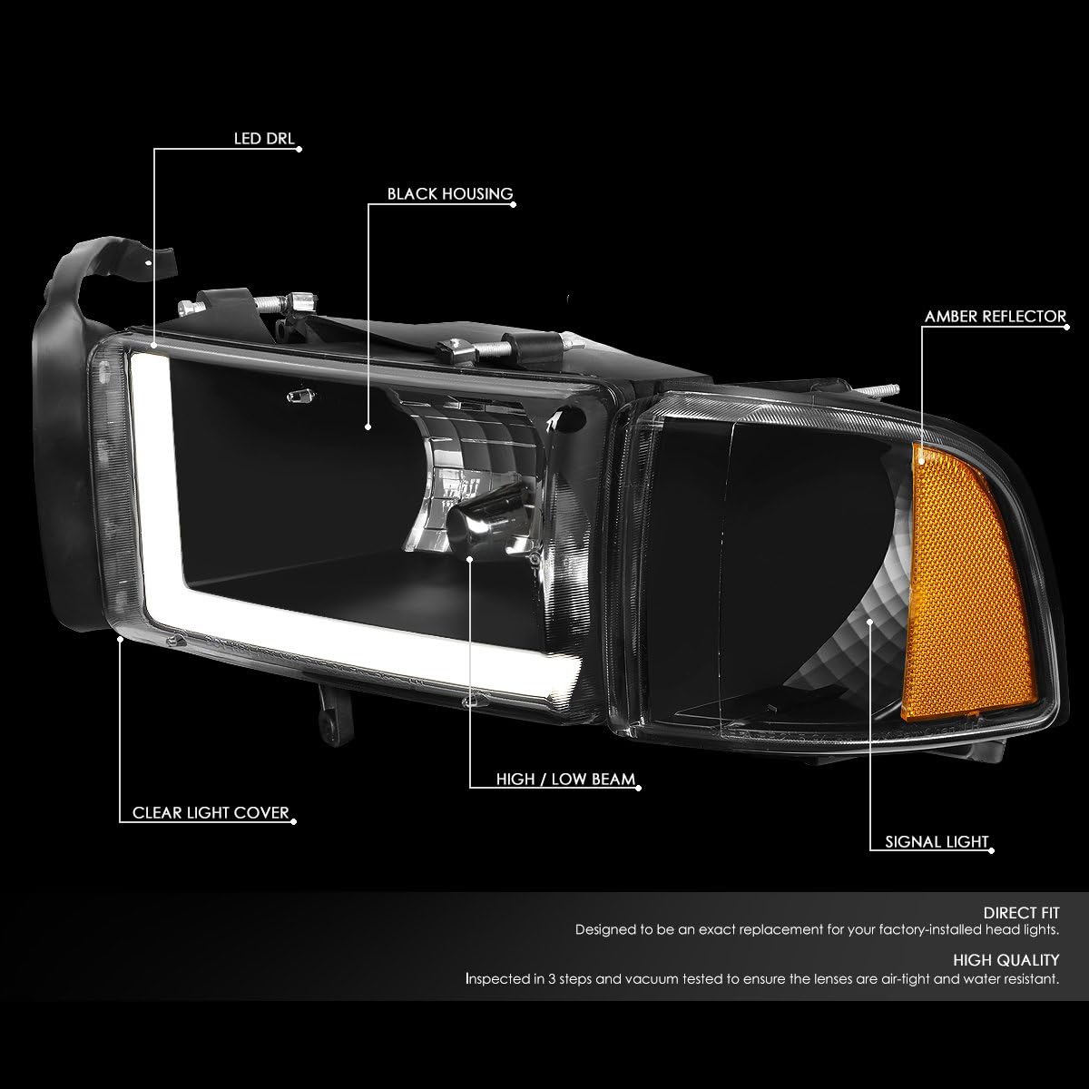 DNA MOTORING HL-LB-DR944-BK-AM LED DRL Front Bumper Headlight Compatible with 94-01 Ram 1500 94-02 Ram 2500 3500 Not fit Sport Models