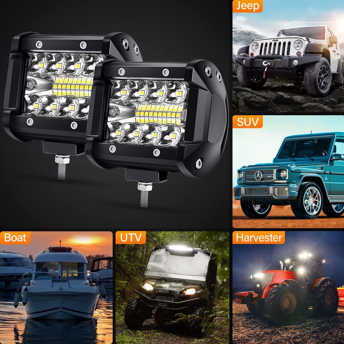 LED Pods 4inch LED Light Bar Fog Lights Off-Road Driving Lights 2PCS 120W 1,200LM Triple-Row Flood Spot Combo Waterproof Work Light for Trucks Boat Golf Cart Jeep SUV ATV UTV